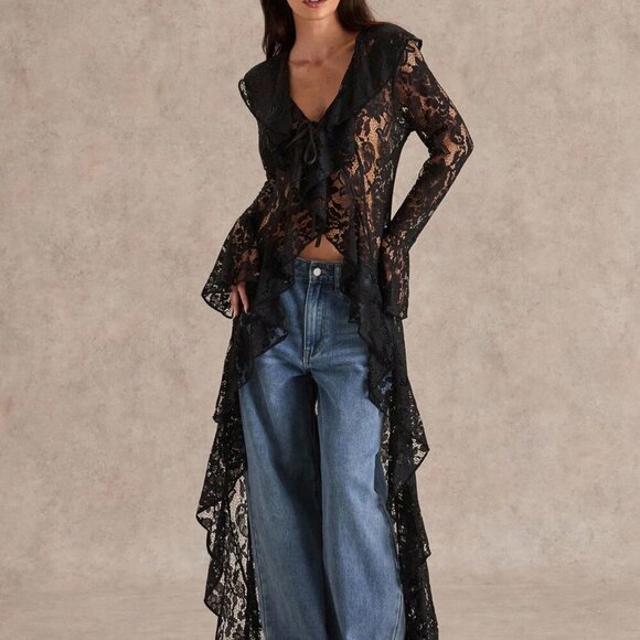 Black Elegant Women's Romantic Ruffled Lace Top Coat - Picture 6 of 7